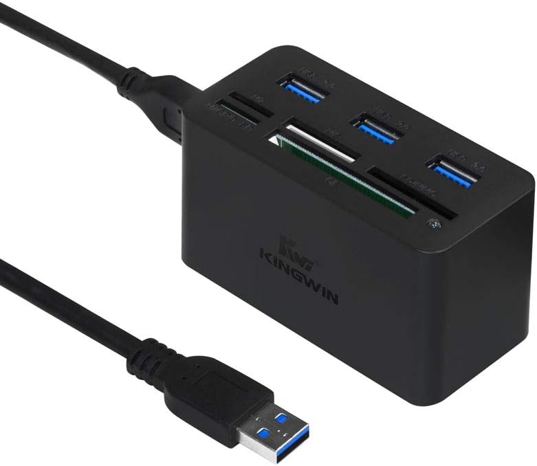 KingWin USB HUB Adapter w/ Memory Card Reader Writer & USB 3.0 HUB Combo - Supports High Speed SD MS Micro M2 CF Card Reader For Macbook, Laptop, Desktop - Includes USB Cable 5 Gbps Speed, Black - Image 1
